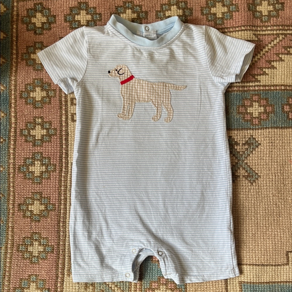 Trotter Street Kids Dog Appliqué Blue Stripe Romper - size 24 months